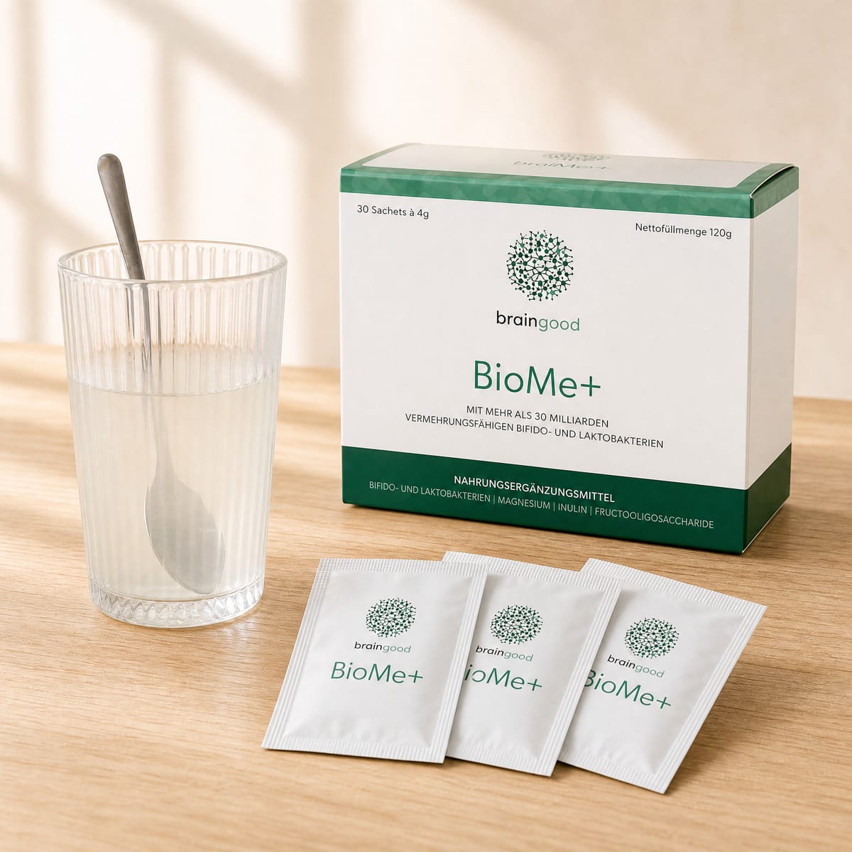 BioMe+ Set: Box, Sachet und fertiges Getränk